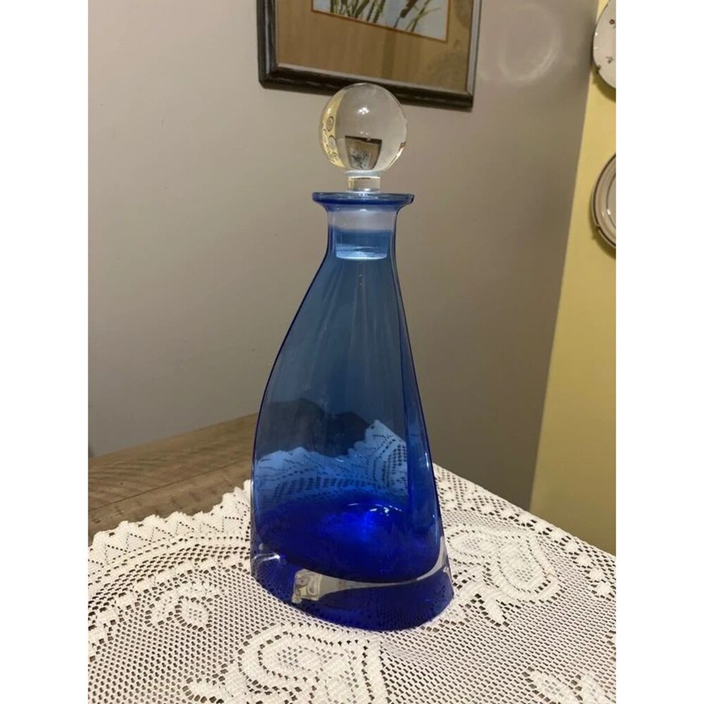 Blue Italian Crystal Glass Decanter with Ball Stopper